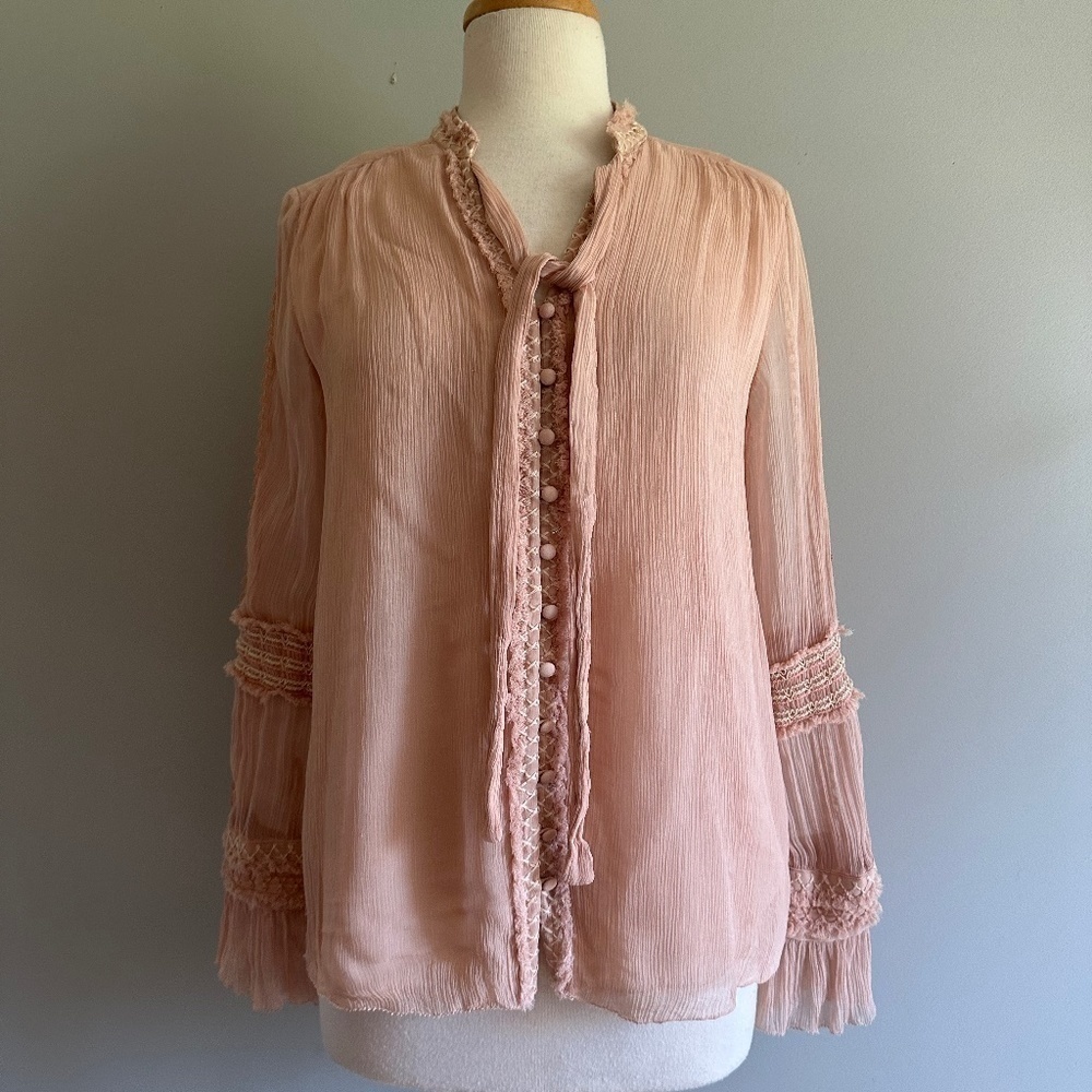 Sundance Viscose Buttons Crinkle Neck Tie Blouse Top Blush Pink Womens Size XS